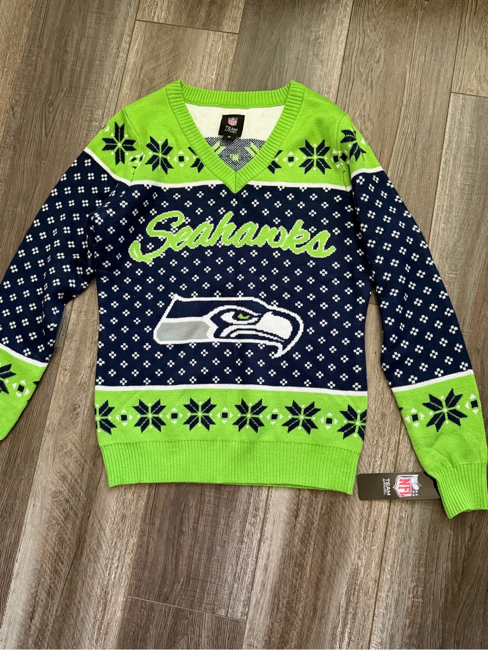 NFL Seahawks Lime Green & Navy V-Neck Holiday Sweater